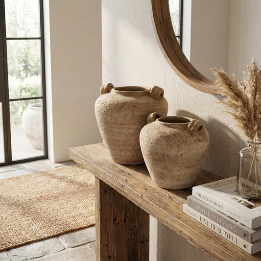 Terra Large Beige Ceramic Urn Vase With Handles