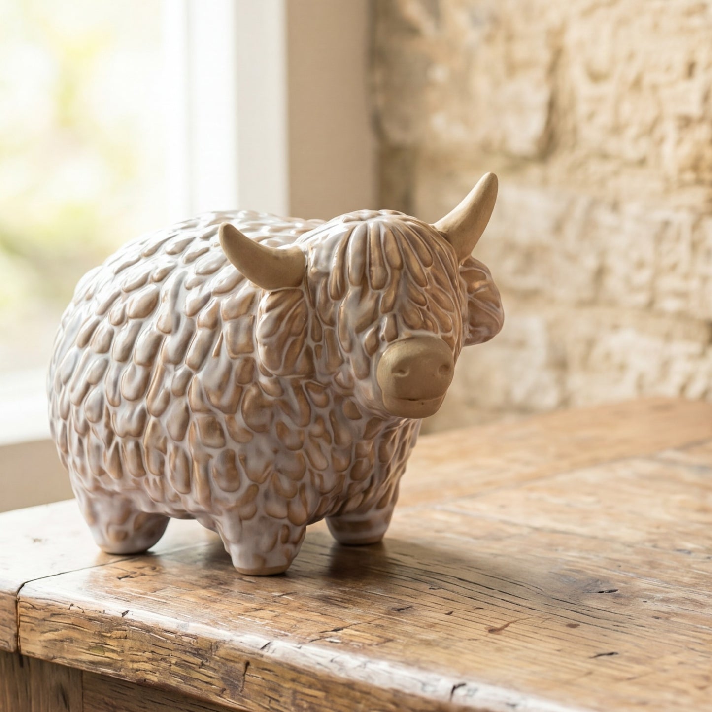 Glazed ceramic Highland cow figurine in greige and warm caramel tones, photographed at a three-quarter angle on a rustic aged wood surface against a softly blurred natural stone wall with diffused window light