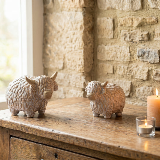 Two ceramic highland cow figurines on a wooden surface with a stone wall background.