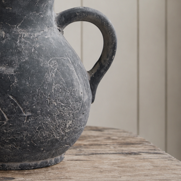 Black ceramic jug with a handle on a wooden surface against a beige wall.