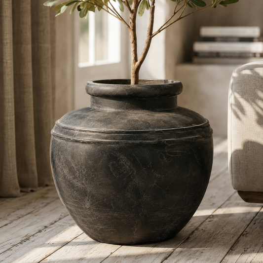 A large round black ceramic floor standing  vase/pot with a textured matte finish, holding a small olive tree, set on a light wood floor in a softly lit room.