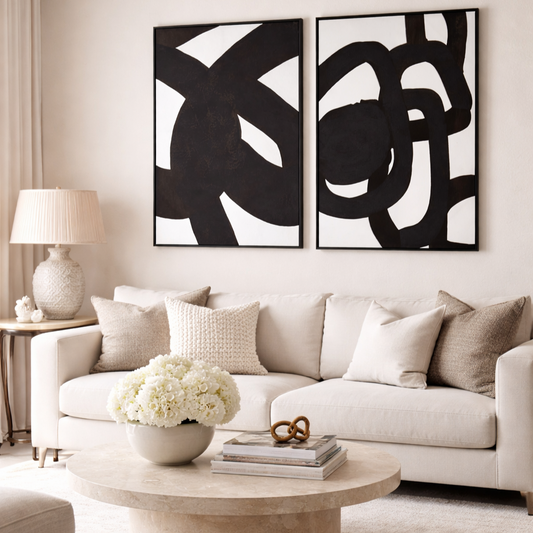 Astratto Set of Two Abstract Black & White Monochrome Wall Art Framed Canvas