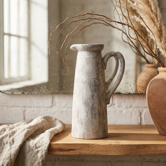 A tall, rustic ceramic pitcher with a textured, speckled gray and white glaze sits on a wooden shelf in a styled interior setting with dried grasses and a linen cloth.