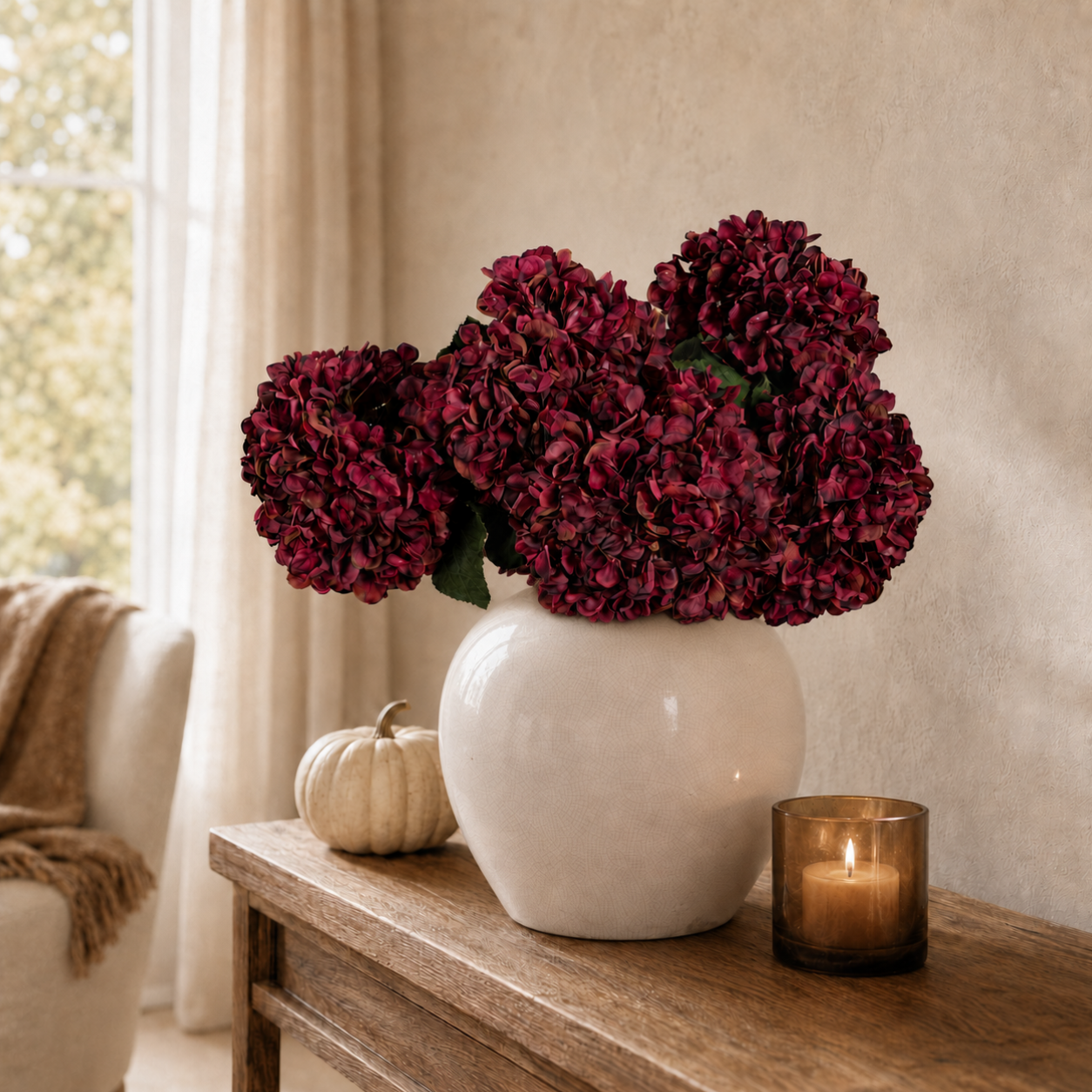 Autumn Rich Ruby Red Hydrangea Artificial Floral Stem 18cm Wide