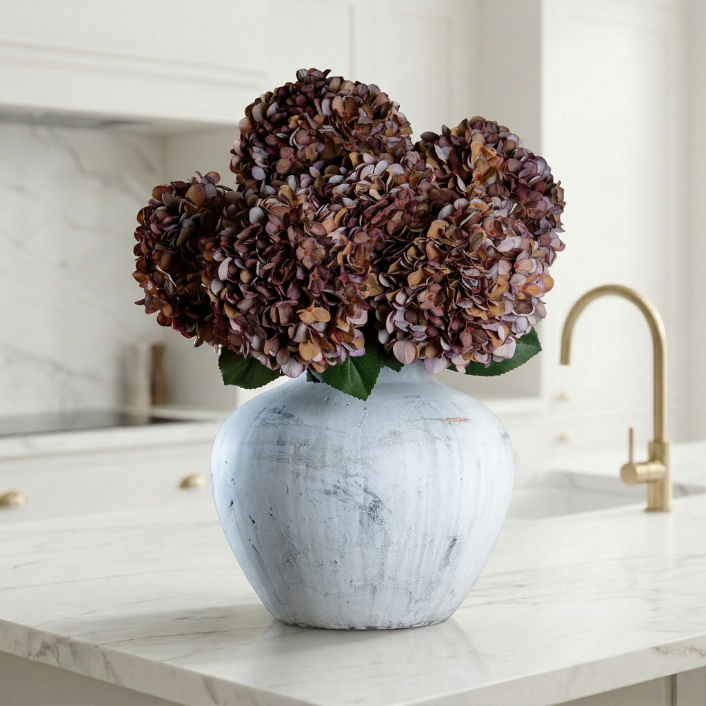 Autumn Coffee Artificial Hydrangea Flower Stem Burgundy Plum & Orange Tones
