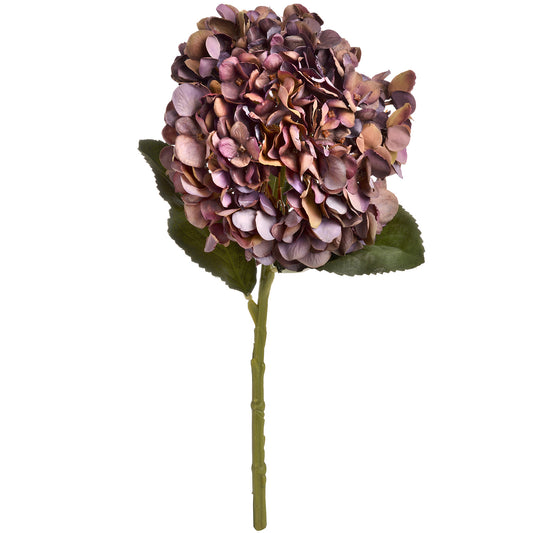 Autumn Coffee Artificial Hydrangea Flower Stem Burgundy Plum & Orange Tones