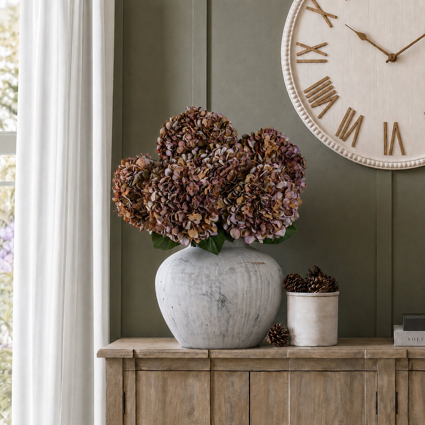 Autumn Coffee Artificial Hydrangea Flower Stem Burgundy Plum & Orange Tones