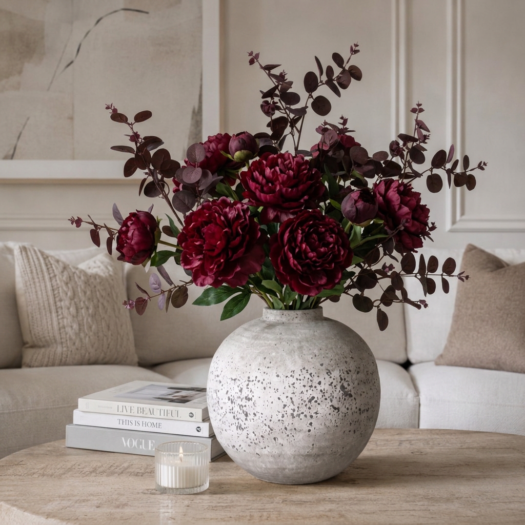 A bouquet of deep burgundy peonies and dark burgundy eucalyptus stems arranged in a speckled gray ceramic vase on a wooden table in a living room setting.