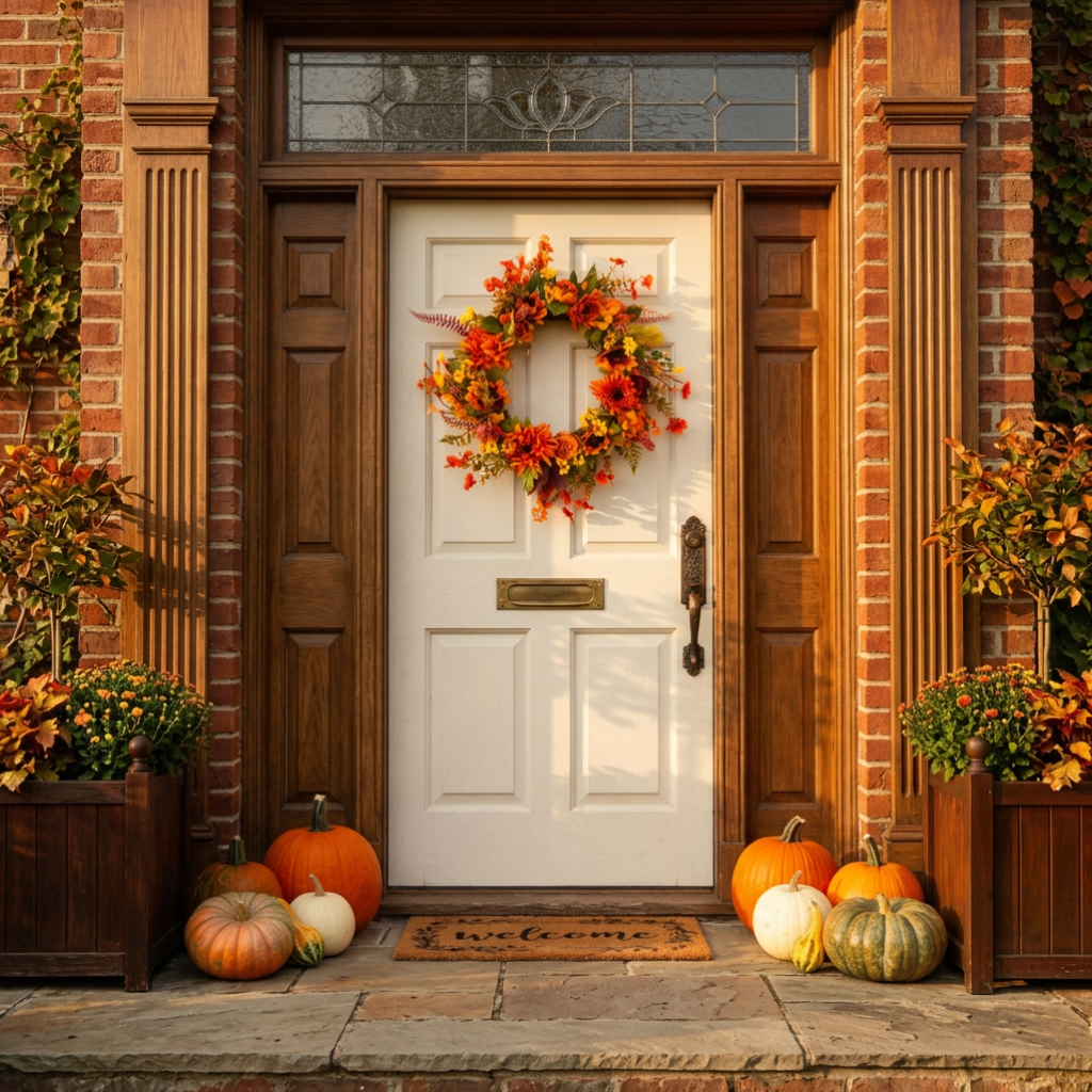 A white front door decorated with a vibrant orange and red autumn wreath, set in a brick entryway with pumpkins, potted plants, and a 'welcome' doormat.