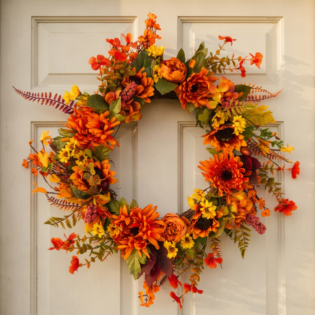 An autumn-themed floral wreath with orange, yellow, and red flowers and green leaves, hanging on a white paneled front door.