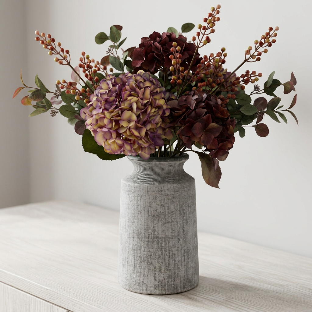 A faux floral arrangement in a textured gray ceramic vase, featuring purple and burgundy hydrangea blooms, dark berries, and green foliage, displayed on a light wood surface against a neutral wall.