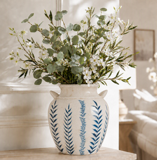 Blue Flora Patterned Botanical Amphora Vase 34cm