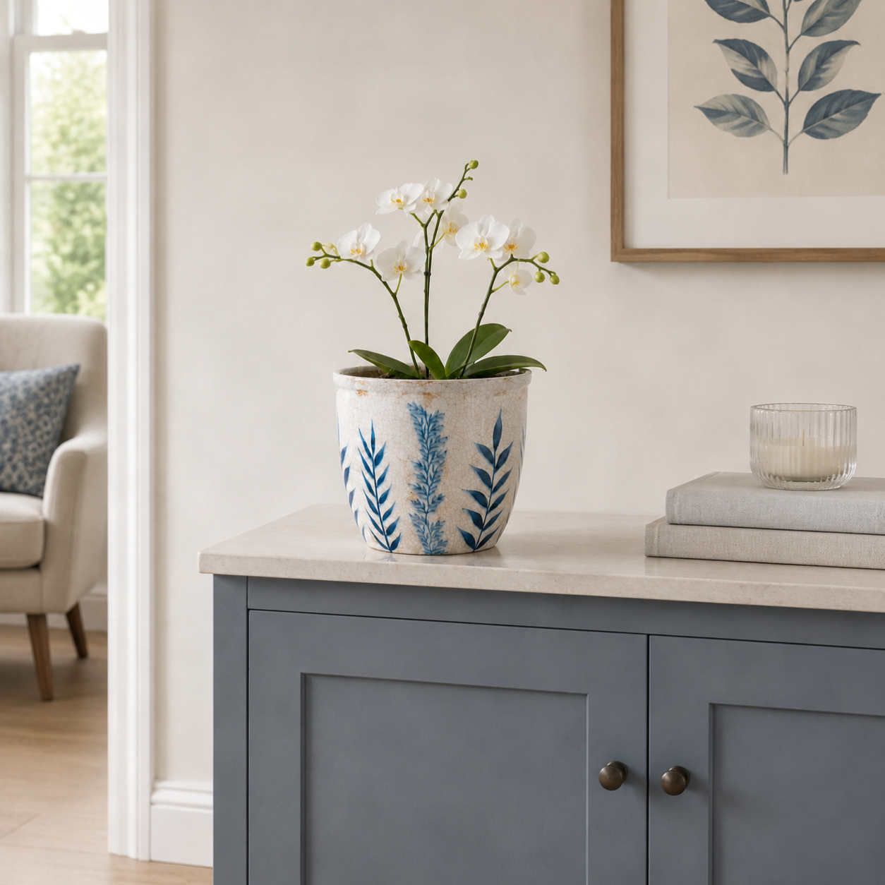 A potted white orchid with blue leaf patterns in a ceramic pot, displayed on a gray sideboard in a bright, modern room.