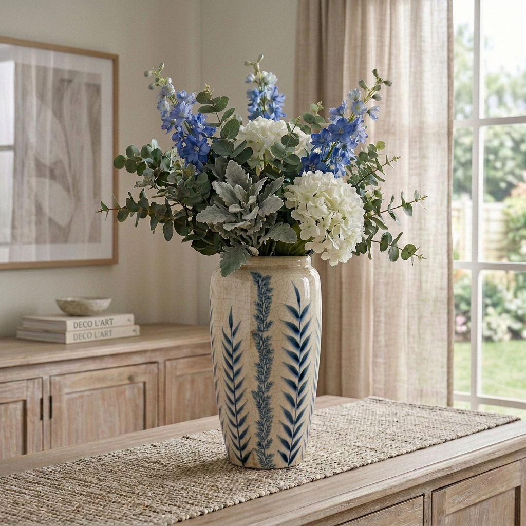 Large Blue Flora Tall Botanical Patterned Floor Standing Olpe Vase 37cm