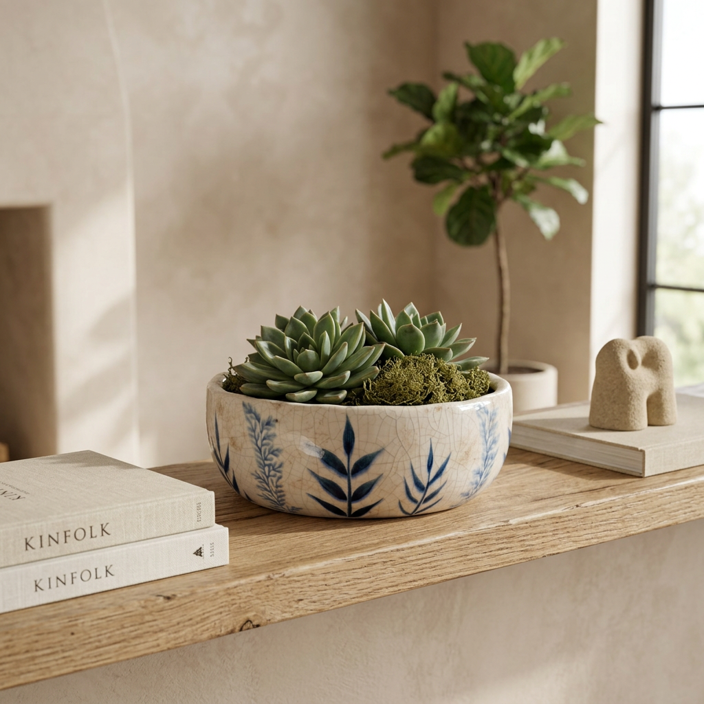 A round ceramic planter with blue botanical leaf patterns, filled with succulents and moss, displayed on a wooden shelf in a styled home interior setting.