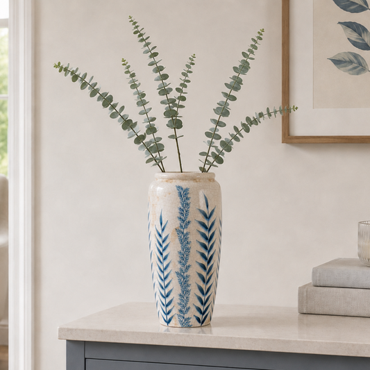 Large Blue Flora Tall Botanical Patterned Floor Standing Olpe Vase 37cm
