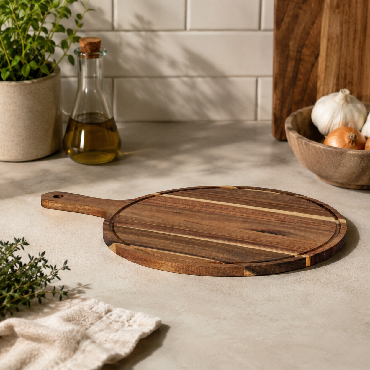 Round acacia serving board with handle styled on a grey stone countertop with fresh herbs, olive oil, garlic, onion, linen cloth and a rectangular acacia board propped in the background against white subway tiles