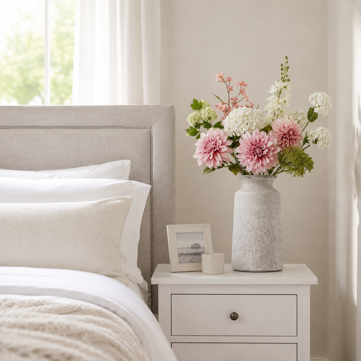 Bedroom with an artificial white and pink floral arrangment in a stone vase on a bedside table styling for bedroom next to a bed.