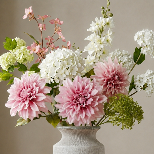 Cottage Garden by Artanna luxury artificial floral arrangement featuring blush pink dahlias, white hydrangeas, delphinium spires and green botanical accents styled in a matte grey stone ceramic vase against a warm neutral backdrop.