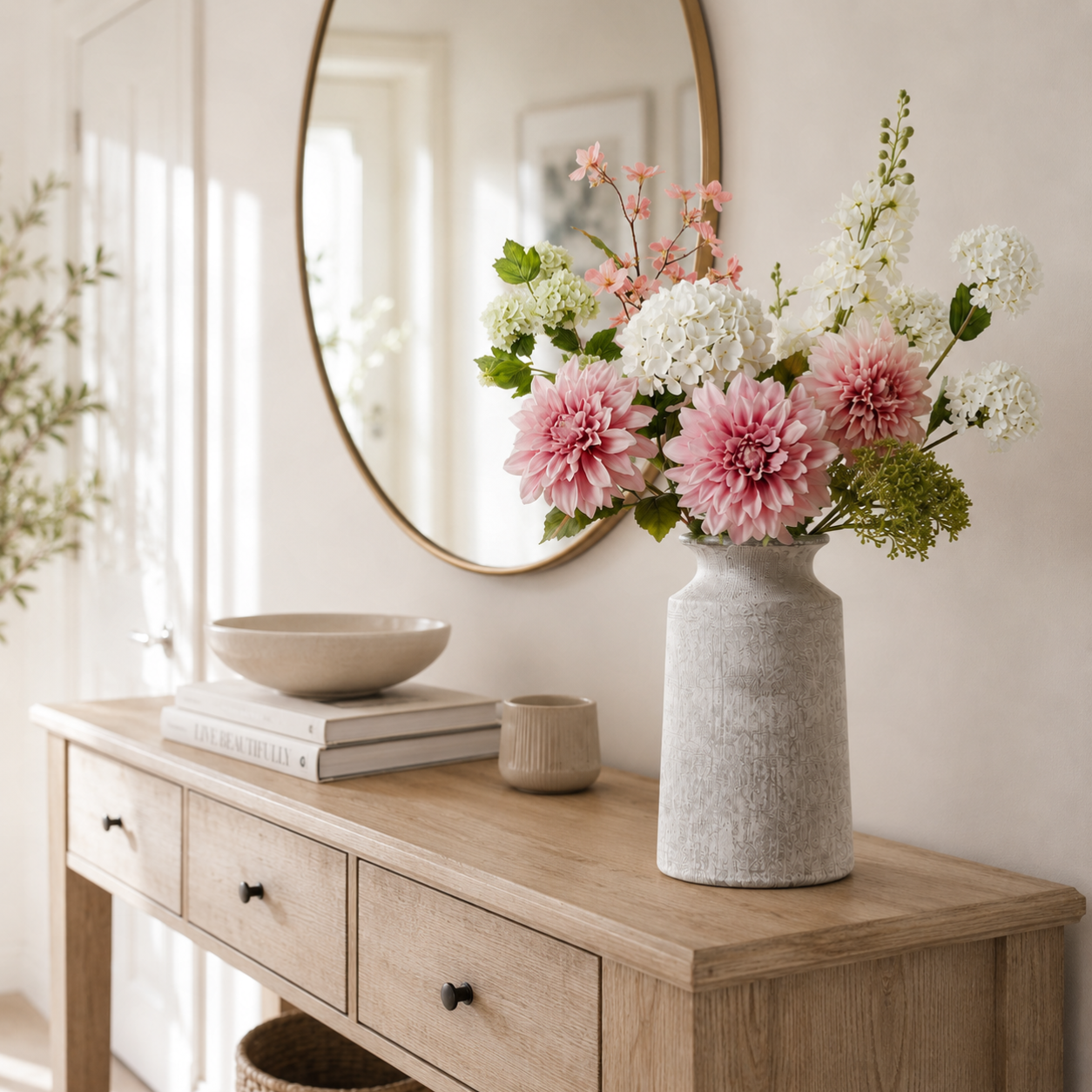 Floral arrangement in a vase on a wooden console table with a round mirror in the background.
