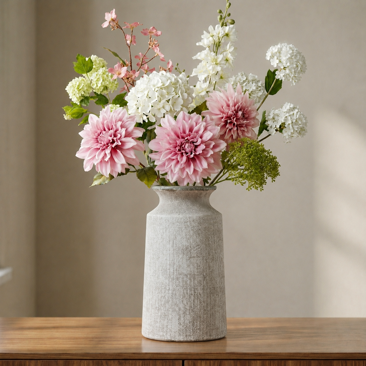 Decorative grey stone vase with luxury artificial pink and white flowers on a wooden surface