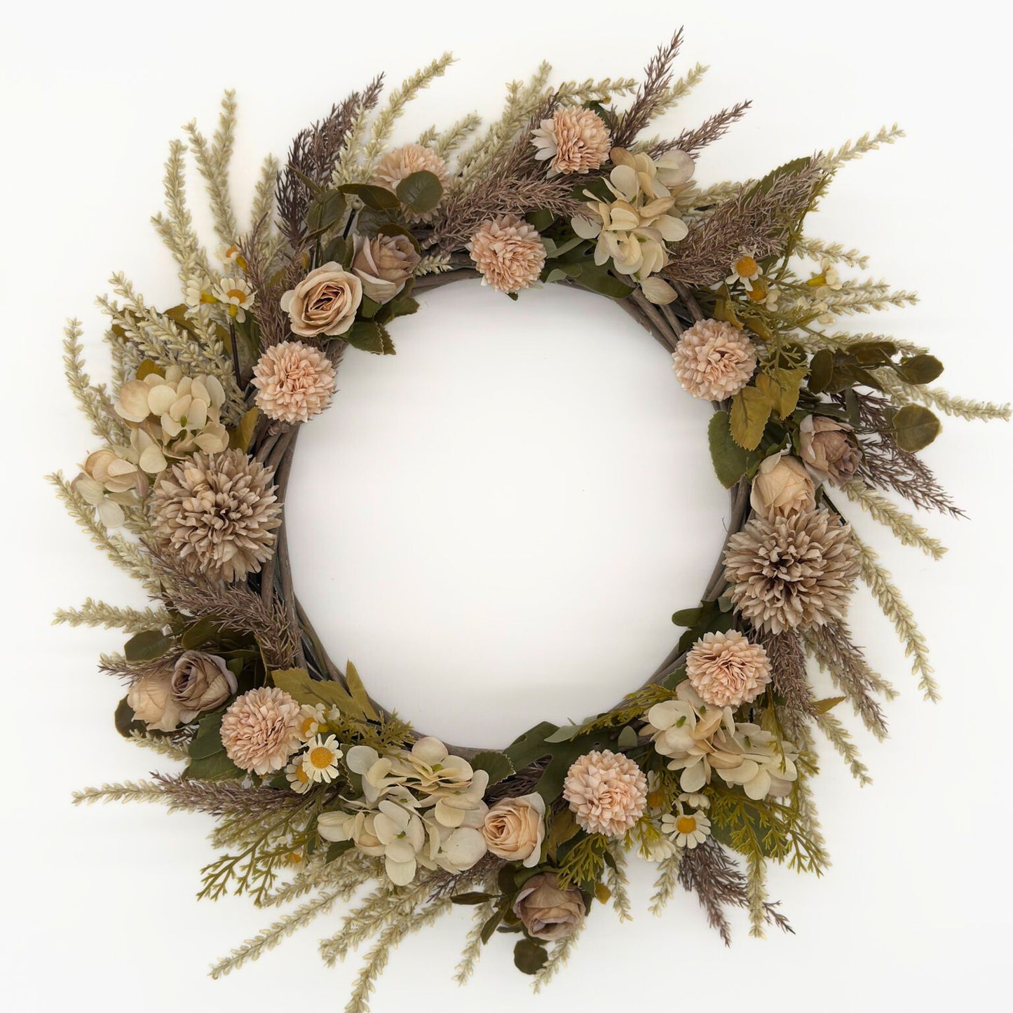 Ivory Fields Floral Wreath – Neutral Beige & Cream Wreath with Wheatgrass image 0