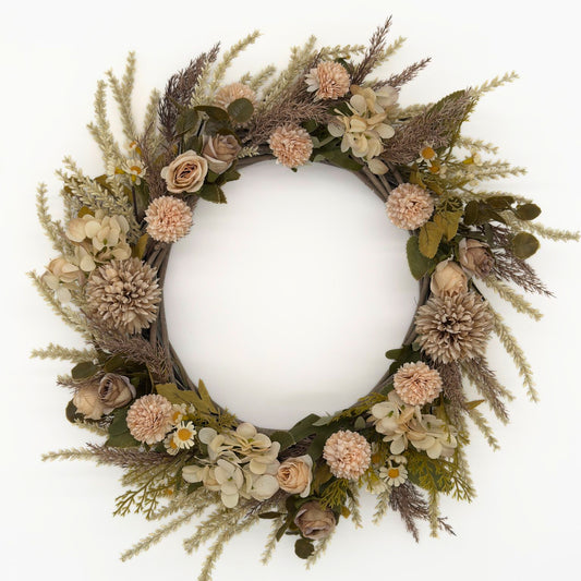 Ivory Fields Floral Wreath – Neutral Beige & Cream Wreath with Wheatgrass image 0