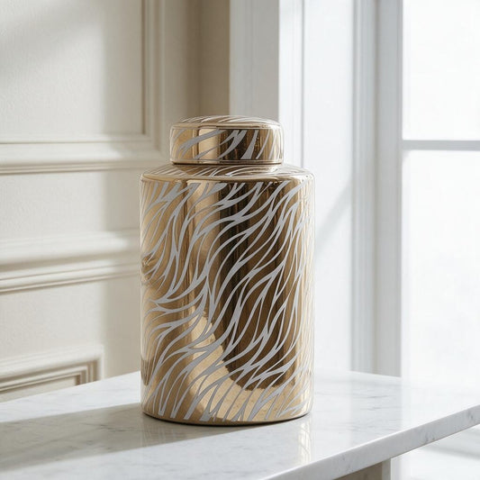Doria Small White And Gold Finish Ceramic Jar 30cm