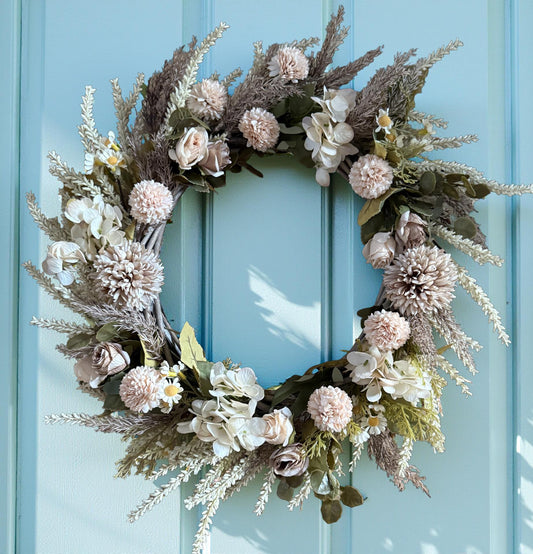 Ivory Fields Floral Wreath – Neutral Beige & Cream Wreath with Wheatgrass image 1