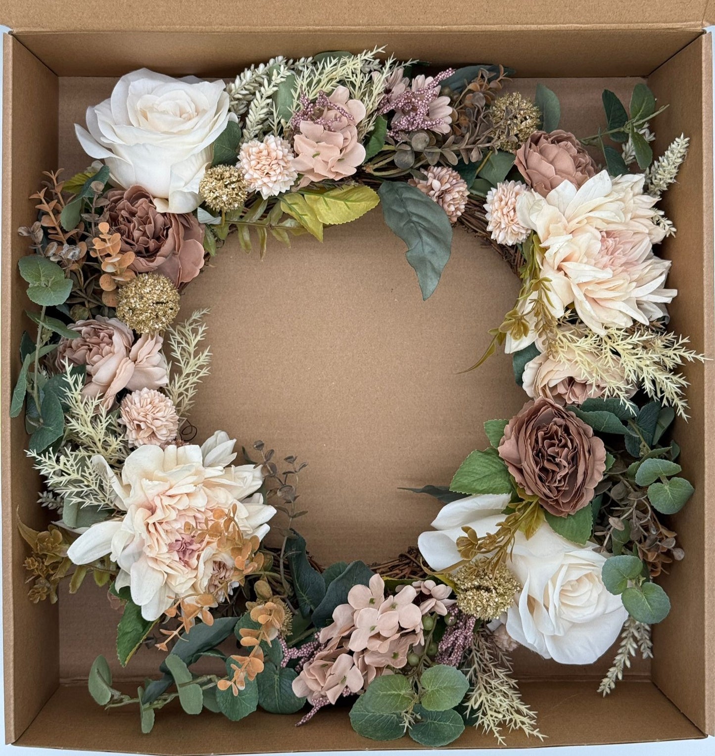 Café au Lait Bloom Wreath – Neutral Beige, Cream & Blush Peonies, Roses, Dahlias image 4