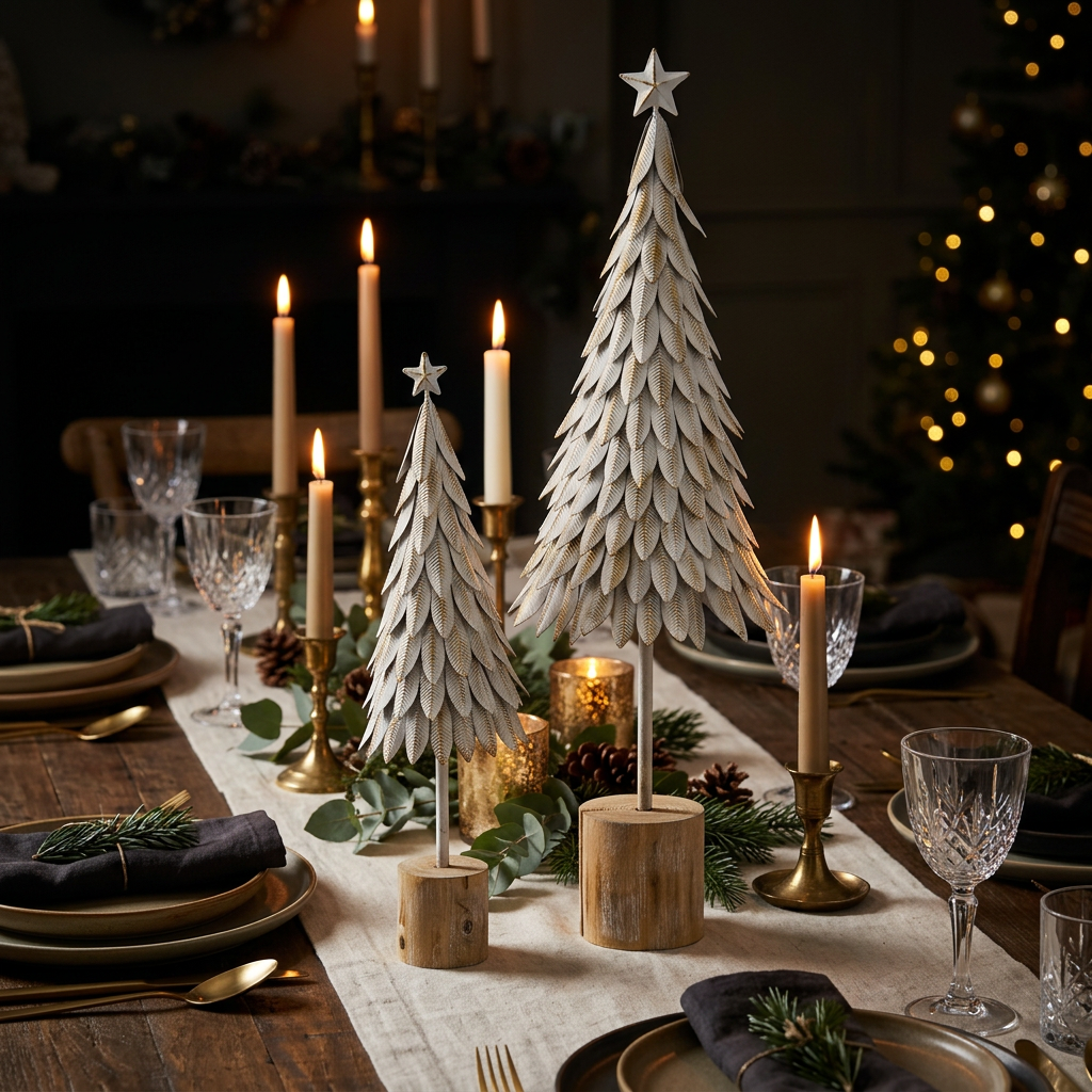 Large White Metal Christmas Tree on Wooden Stand 62cm