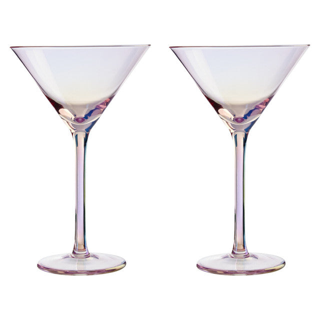 Two iridescent martini glasses on a white background