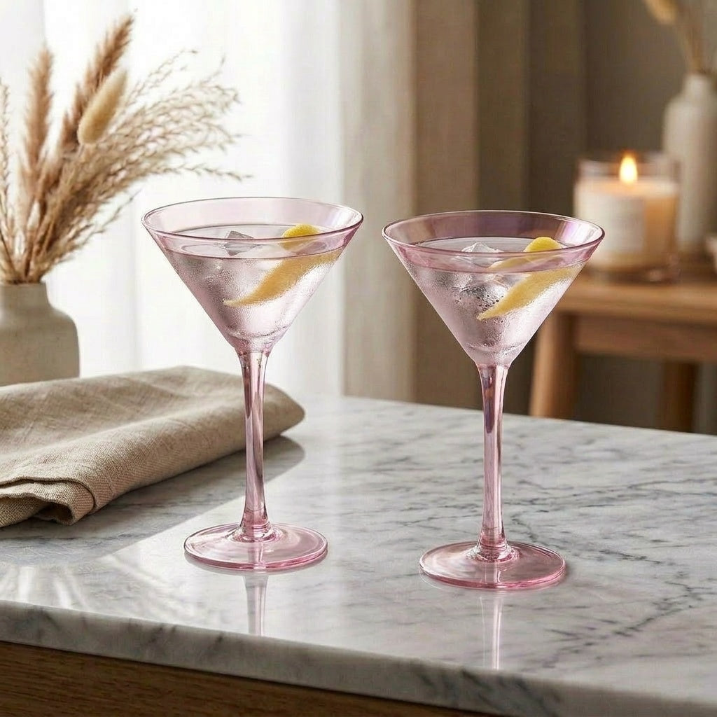 Two pink martini glasses with lemon slices on a marble kitchen worktop.