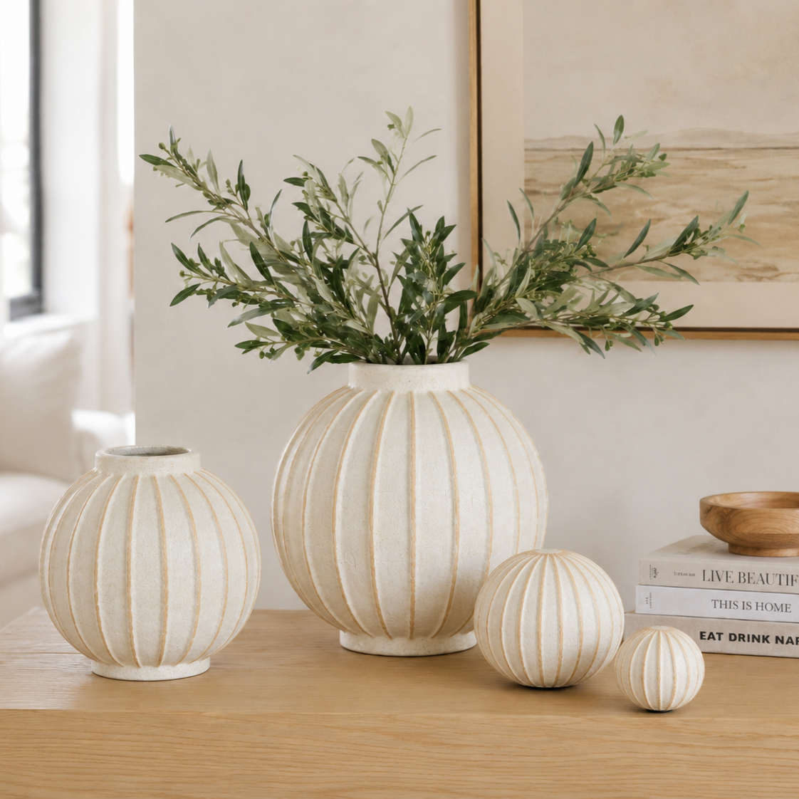 Large Grove Round Globe Ribbed Ceramic Vase White Cream 30cm