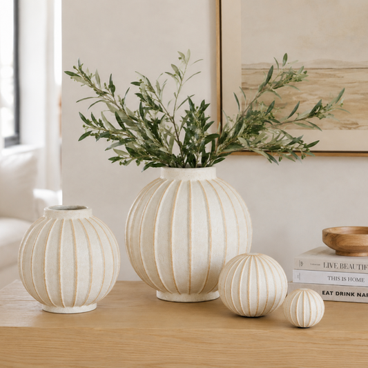 Large Grove Round Globe Ribbed Ceramic Vase White Cream 30cm