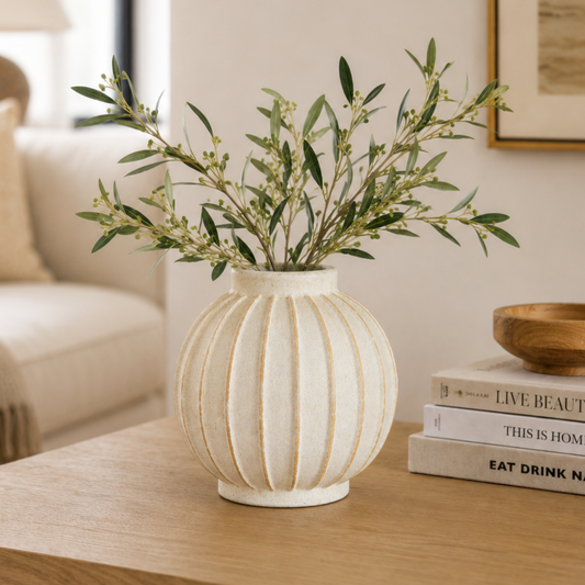 Grove Round Globe Ribbed Ceramic Vase White Cream 25cm