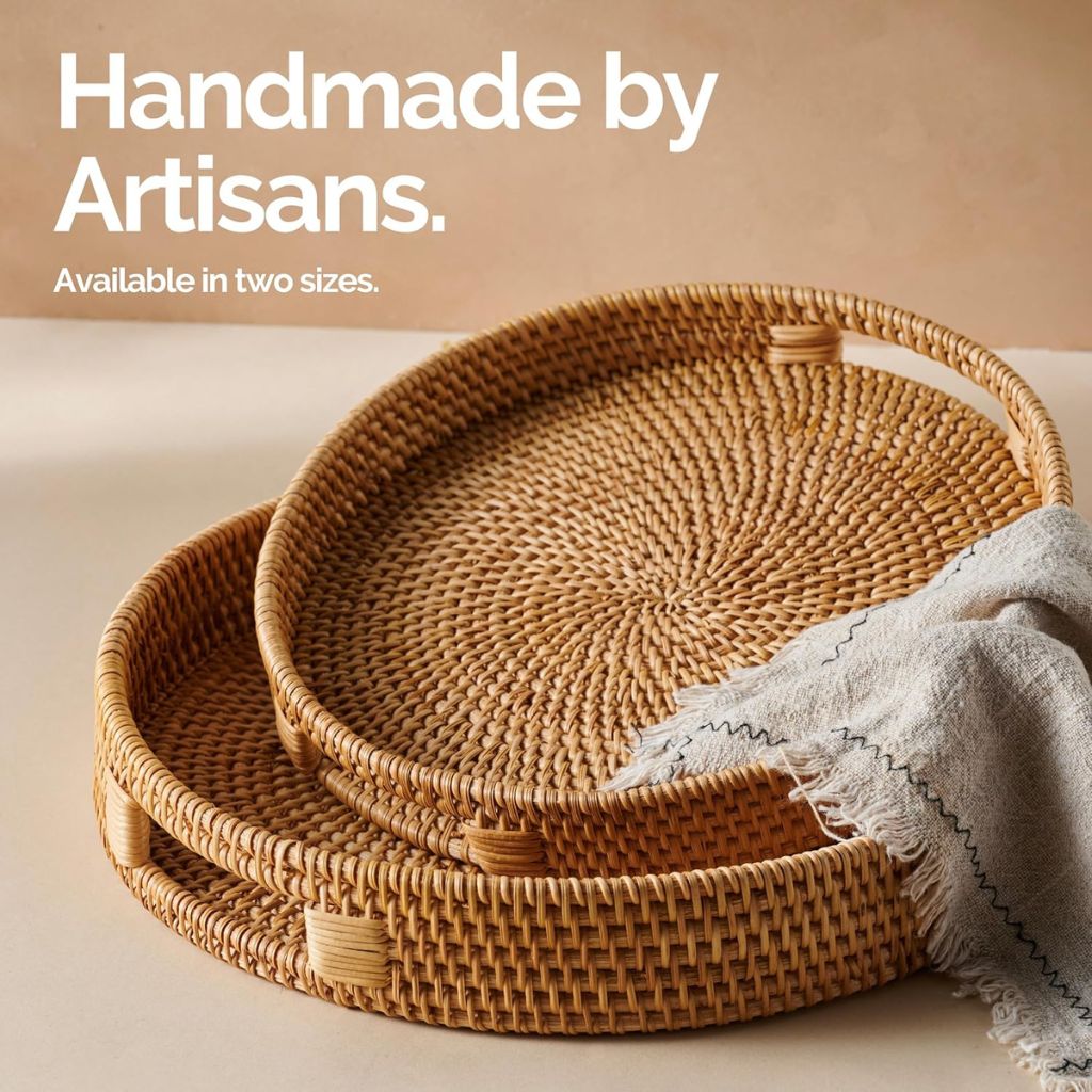 Rattan Circular Display & Serving Trays with Handles - Natural 30cm & 35cm