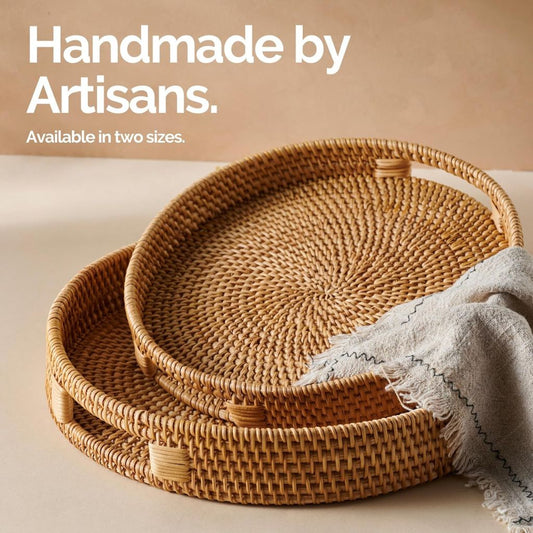 Rattan Circular Display & Serving Trays with Handles - Natural 30cm & 35cm