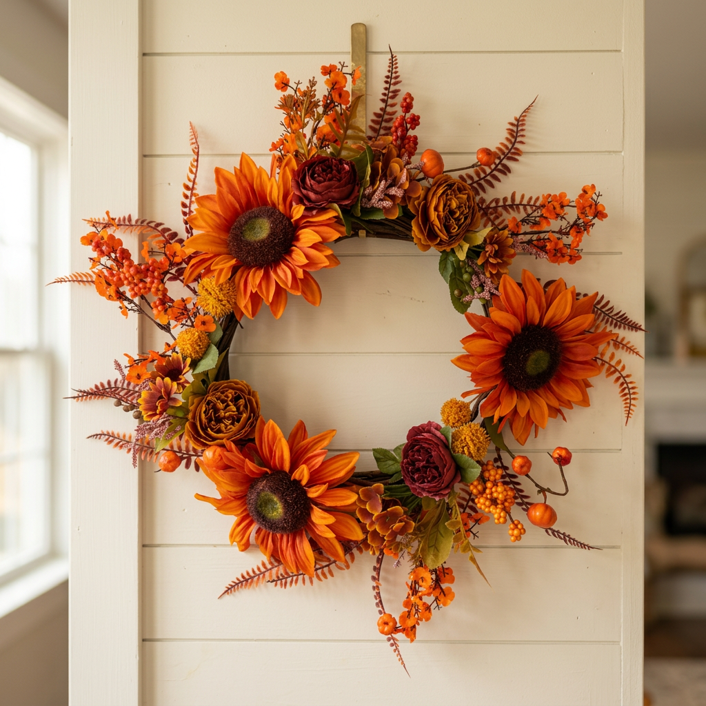 Handcrafted faux floral autumn wreath in rich orange, burgundy and gold. Features sunflowers, chrysanthemums and hydrangeas. 40cm, reusable year after year.