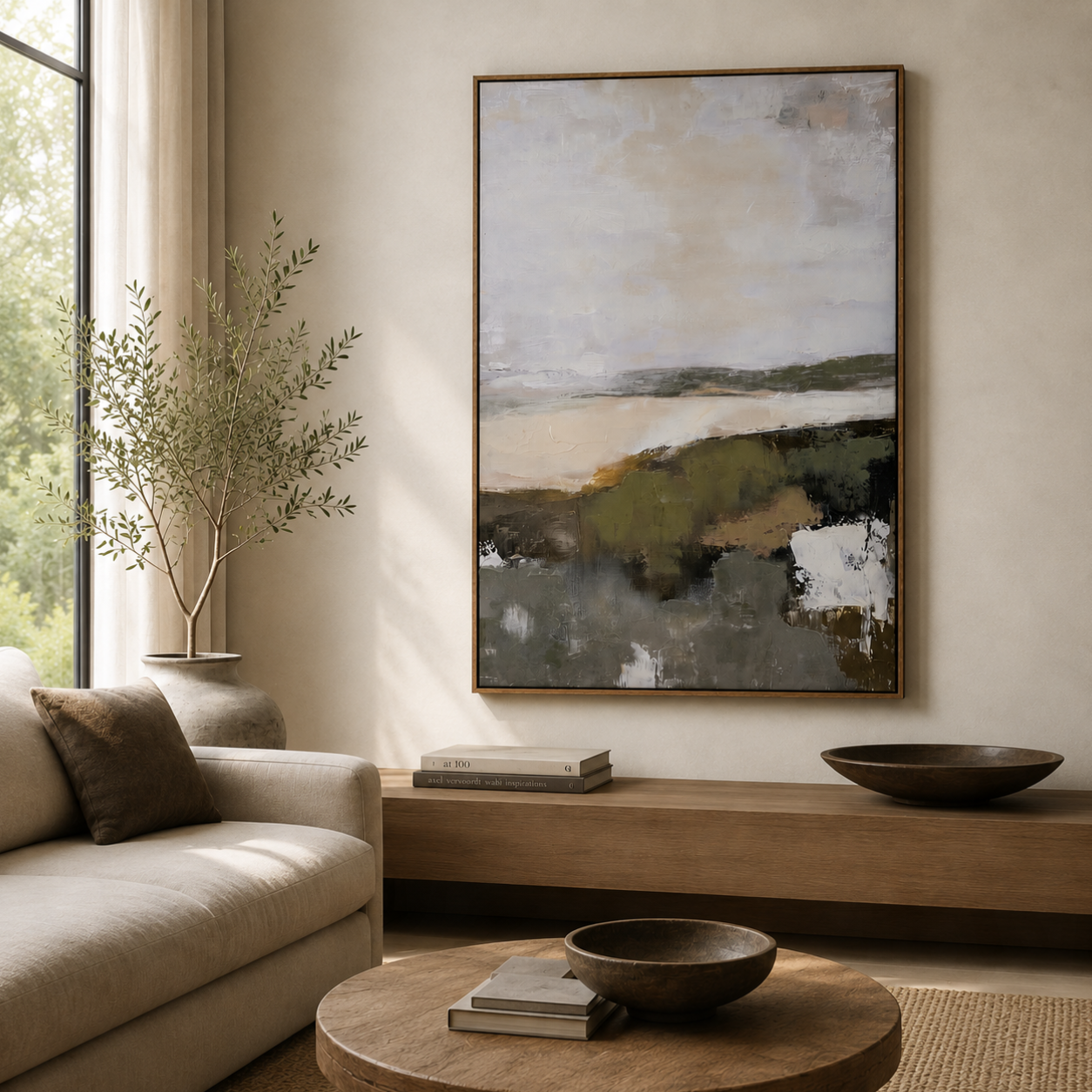Large hand-painted abstract hillside coastal canvas in warm walnut floating frame, hung above a natural oak console styled with stacked books, a dark wooden bowl, and a tall olive branch in a cream ceramic pot 