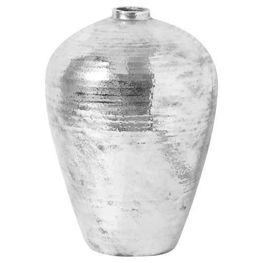 Silver textured floor standing metallic vase on a white background