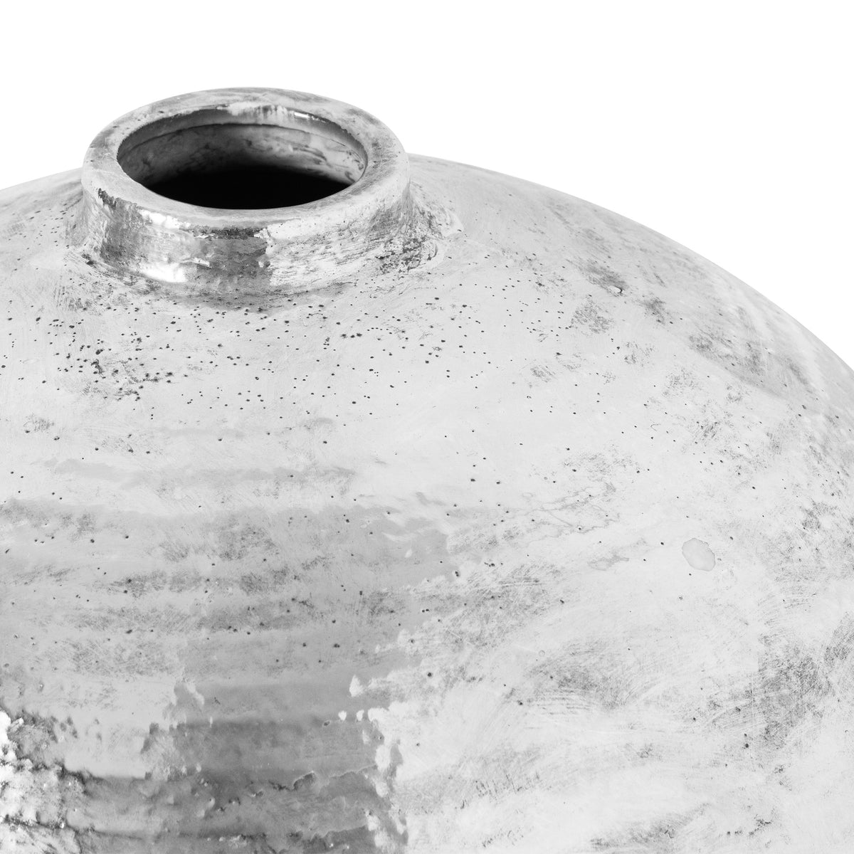 Close-up of a metallic silver textured ceramic vase on a white background