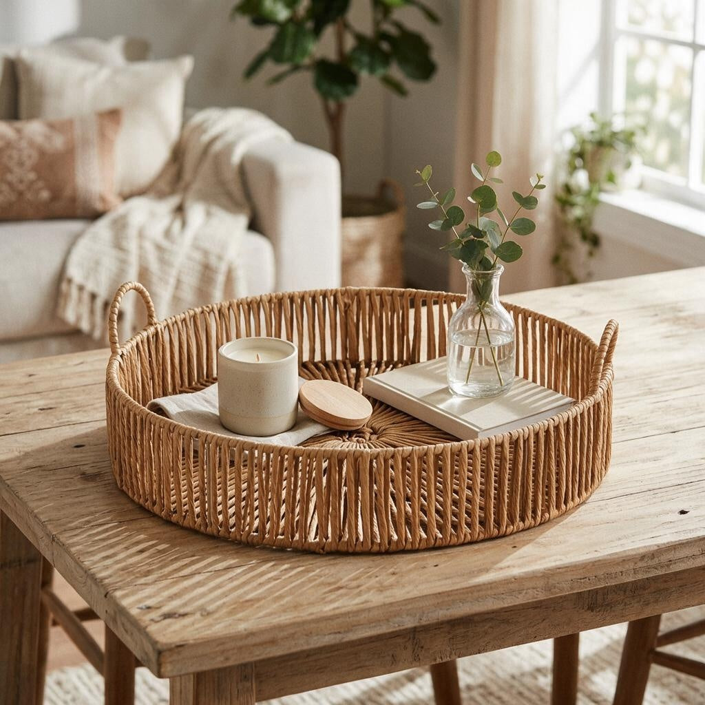 Extra Large Loop Handle Brown Rattan Rustic Tray 50 x 50cm