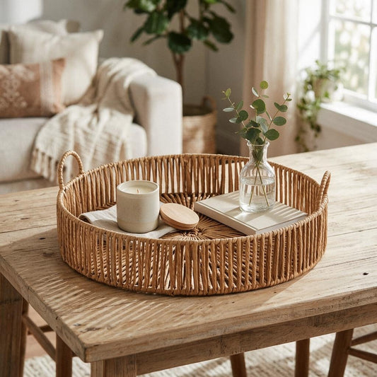 Extra Large Loop Handle Brown Rattan Rustic Tray 50 x 50cm