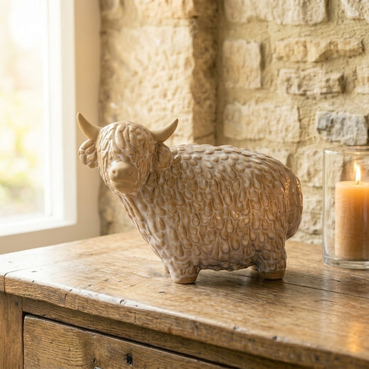 Large Alora Ceramic Highland Cow Ornament in Warm Neutral Cream Glaze