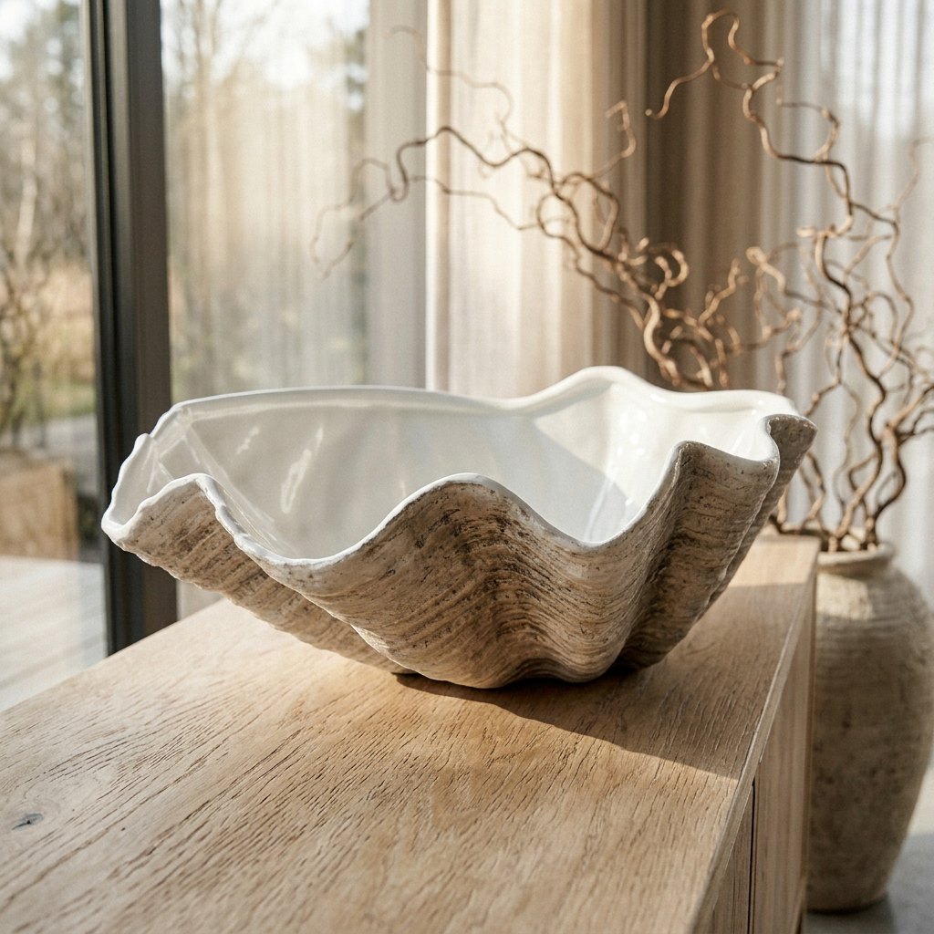 Large ceramic clam shell decorative bowl with sandy ridged exterior and glossy white interior on pale wood surface