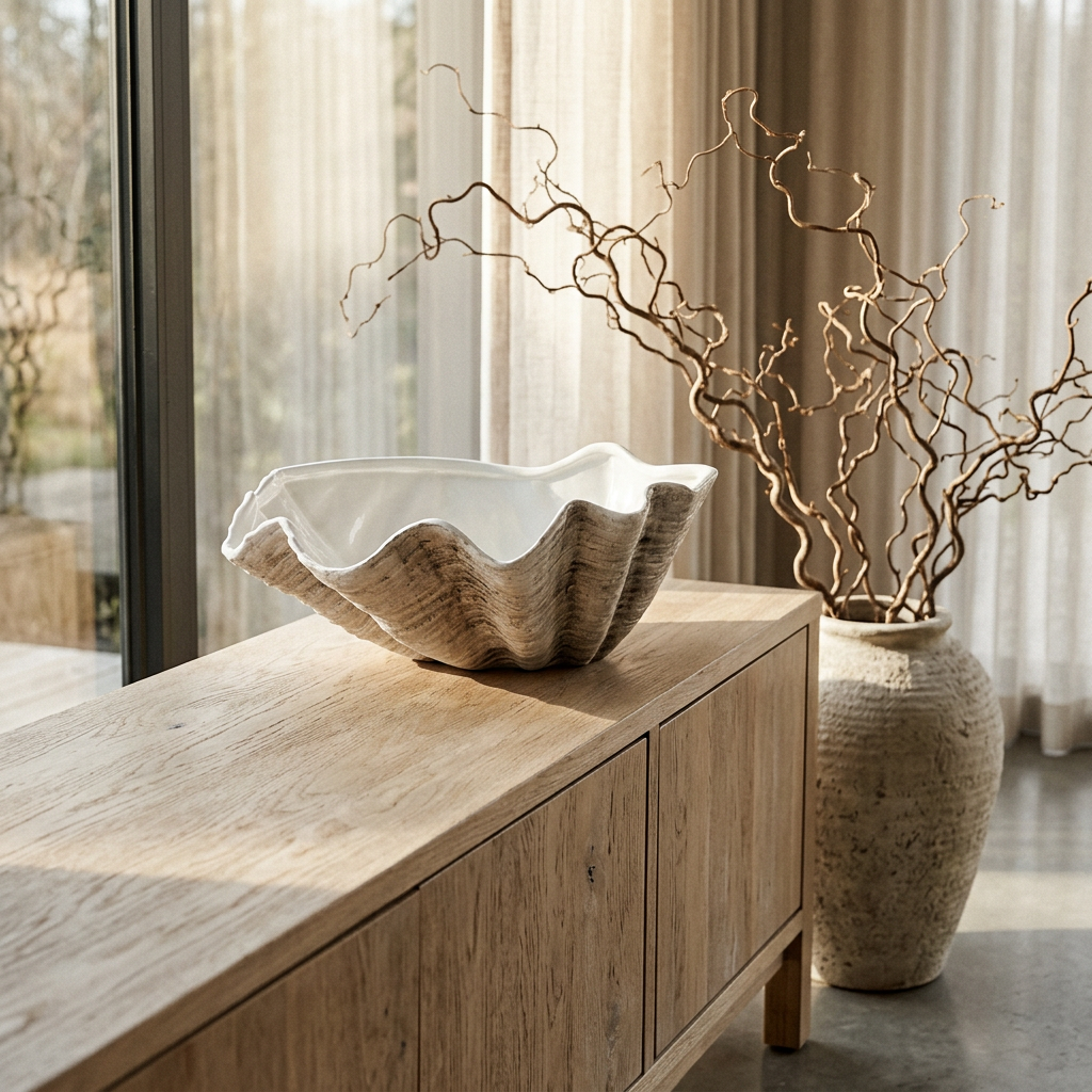 A scalloped ceramic vessel with a white interior and textured beige exterior sits on a light wood console table in a sunlit room. A large woven vase with dried branches stands beside it against sheer curtains and a window.