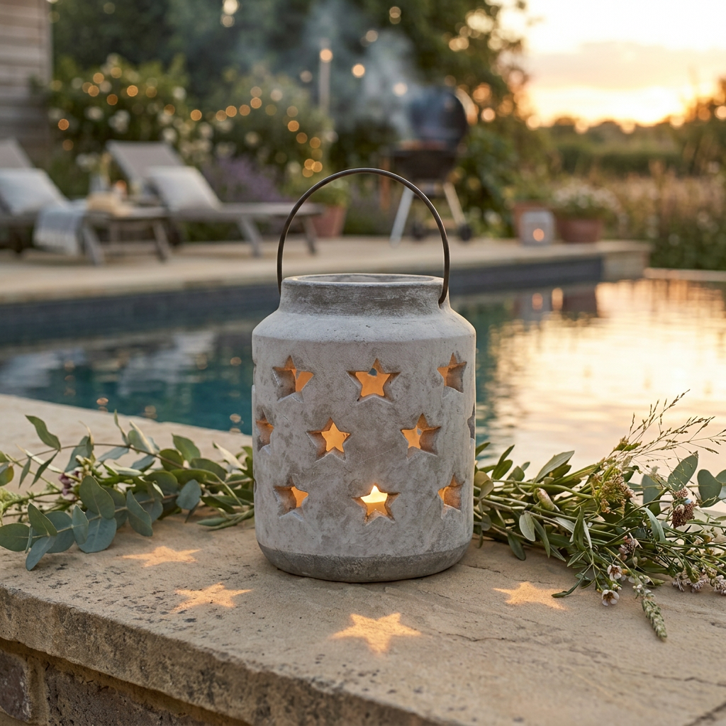 A cylindrical stone lantern with star-shaped cutouts sits on a stone ledge beside a swimming pool at sunset, with warm light glowing through the stars and blurred poolside furniture in the background.