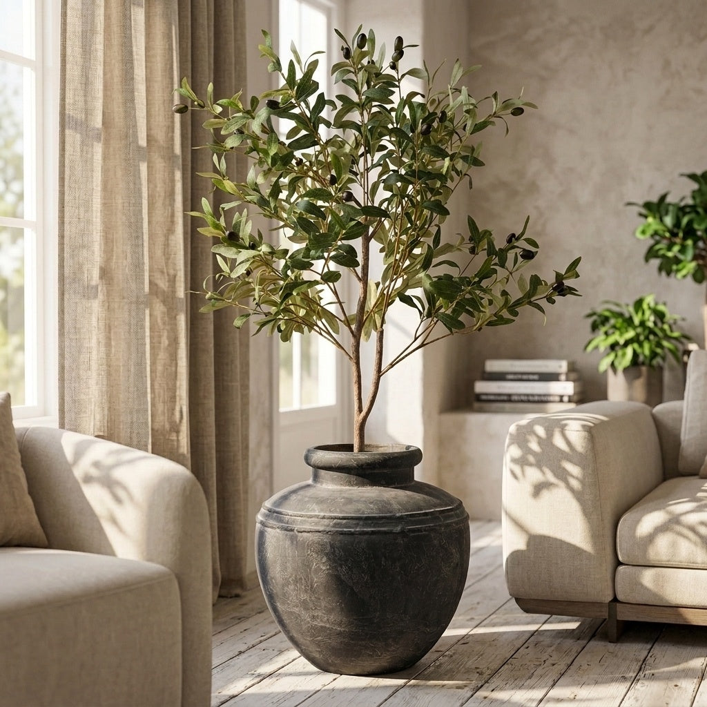 A potted olive tree with green leaves and small dark olives, planted in a large dark gray rustic ceramic pot, set in a bright, modern living room with beige sofas and warm natural light.
