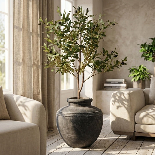 A potted olive tree with green leaves and small dark olives, planted in a large dark gray rustic ceramic pot, set in a bright, modern living room with beige sofas and warm natural light.